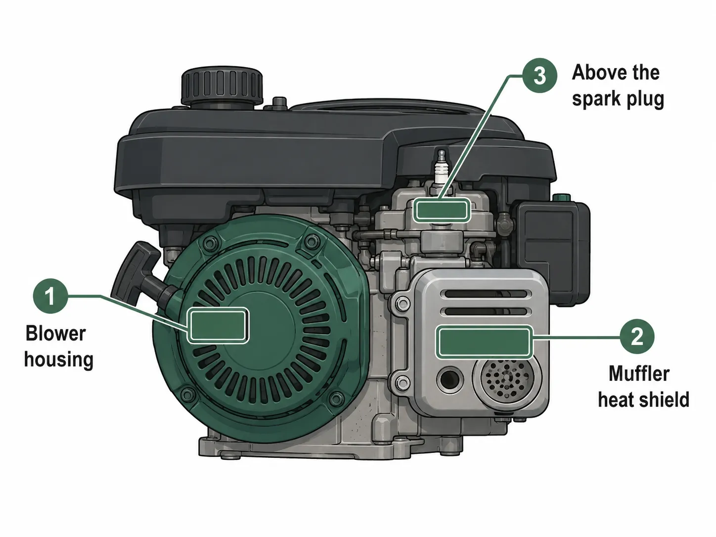 Labeled diagram of a Briggs lawn mower engine showing the three common locations where the model, type, and code numbers are stamped.