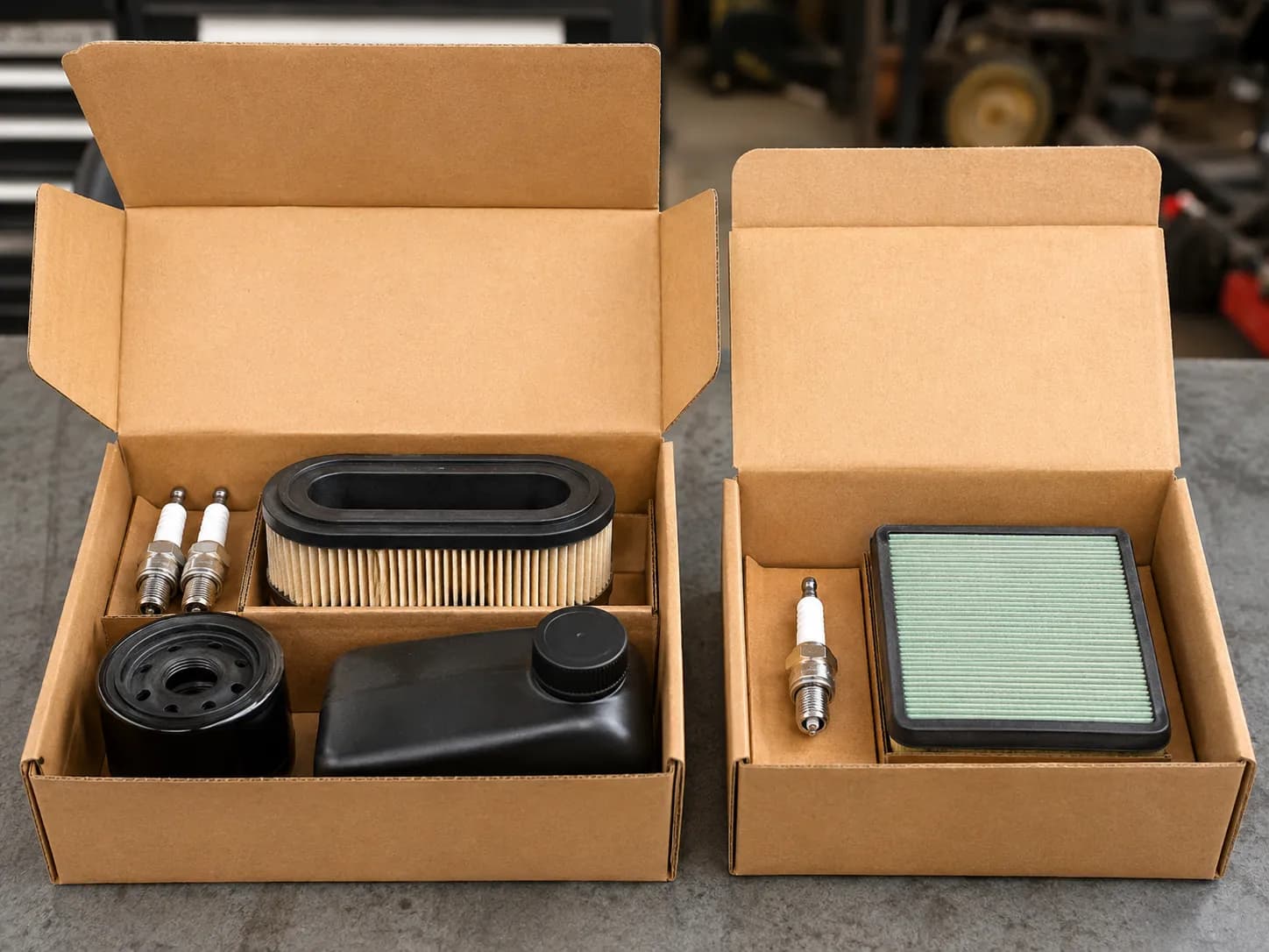 Two opened small-engine tune-up kits side by side, with the rider mower kit containing more parts than the push mower kit, highlighting the difference in included maintenance components.