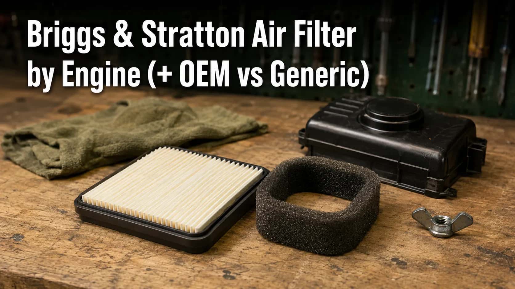 Rectangular Briggs & Stratton paper air filter with an oiled foam pre-cleaner beside an engine air-cleaner housing on a garage workbench.