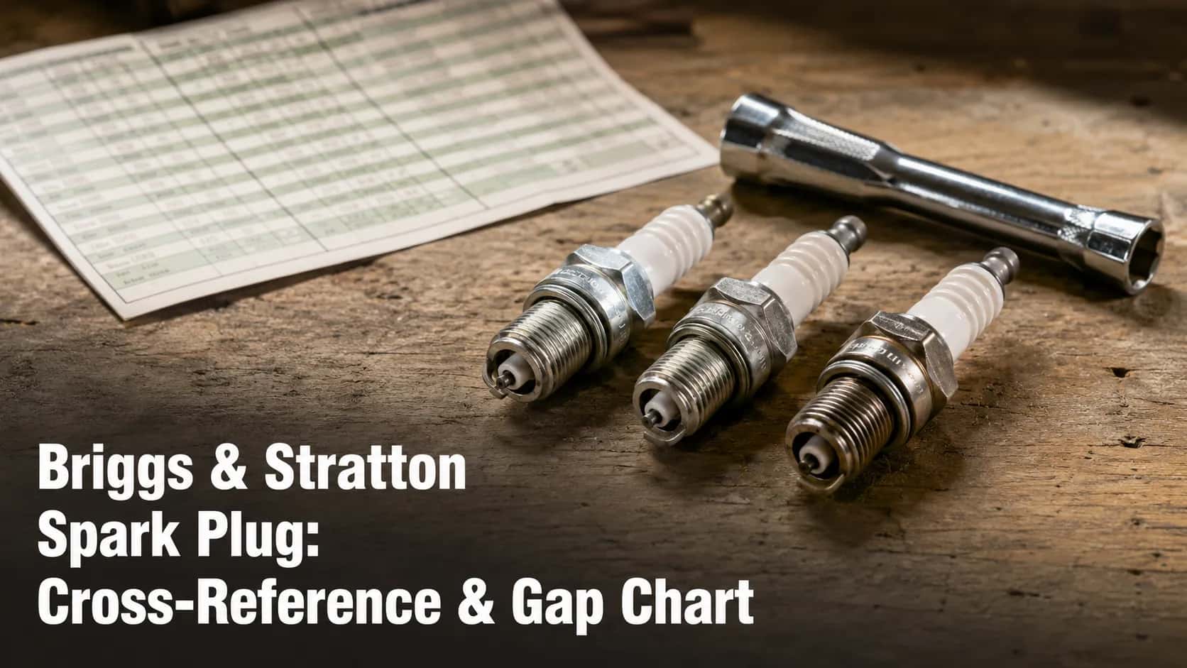 Three Briggs & Stratton spark plugs with a plug wrench and cross-reference chart on a workbench.