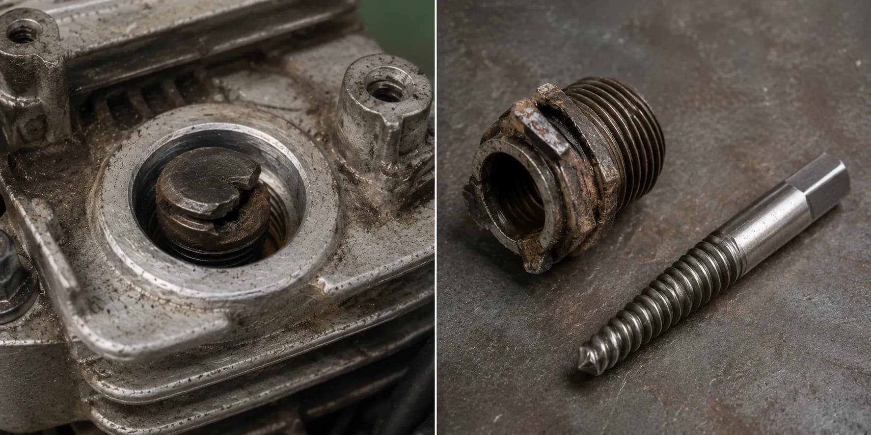 Before-and-after comparison showing a spark plug broken flush at the hex in an aluminum cylinder head and the extracted threaded shell beside a spiral screw extractor after removal.