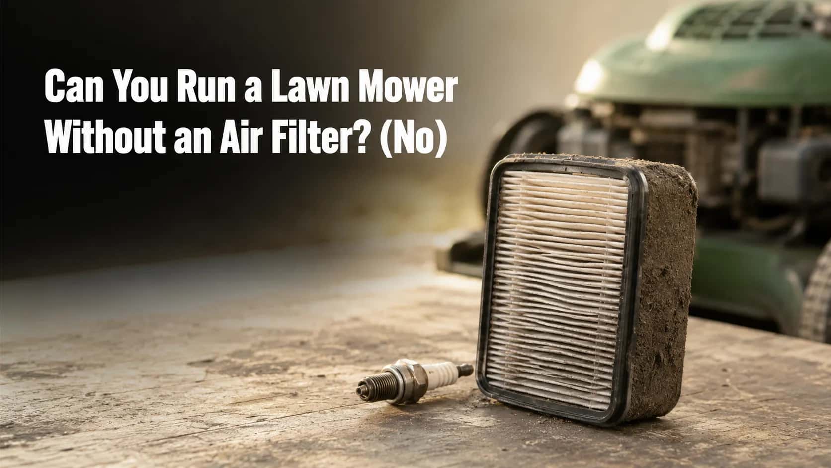 Dusty lawn mower paper air filter standing on a wooden workbench with a blurred mower behind it, illustrating why operating a lawn mower without an air filter can damage the engine.