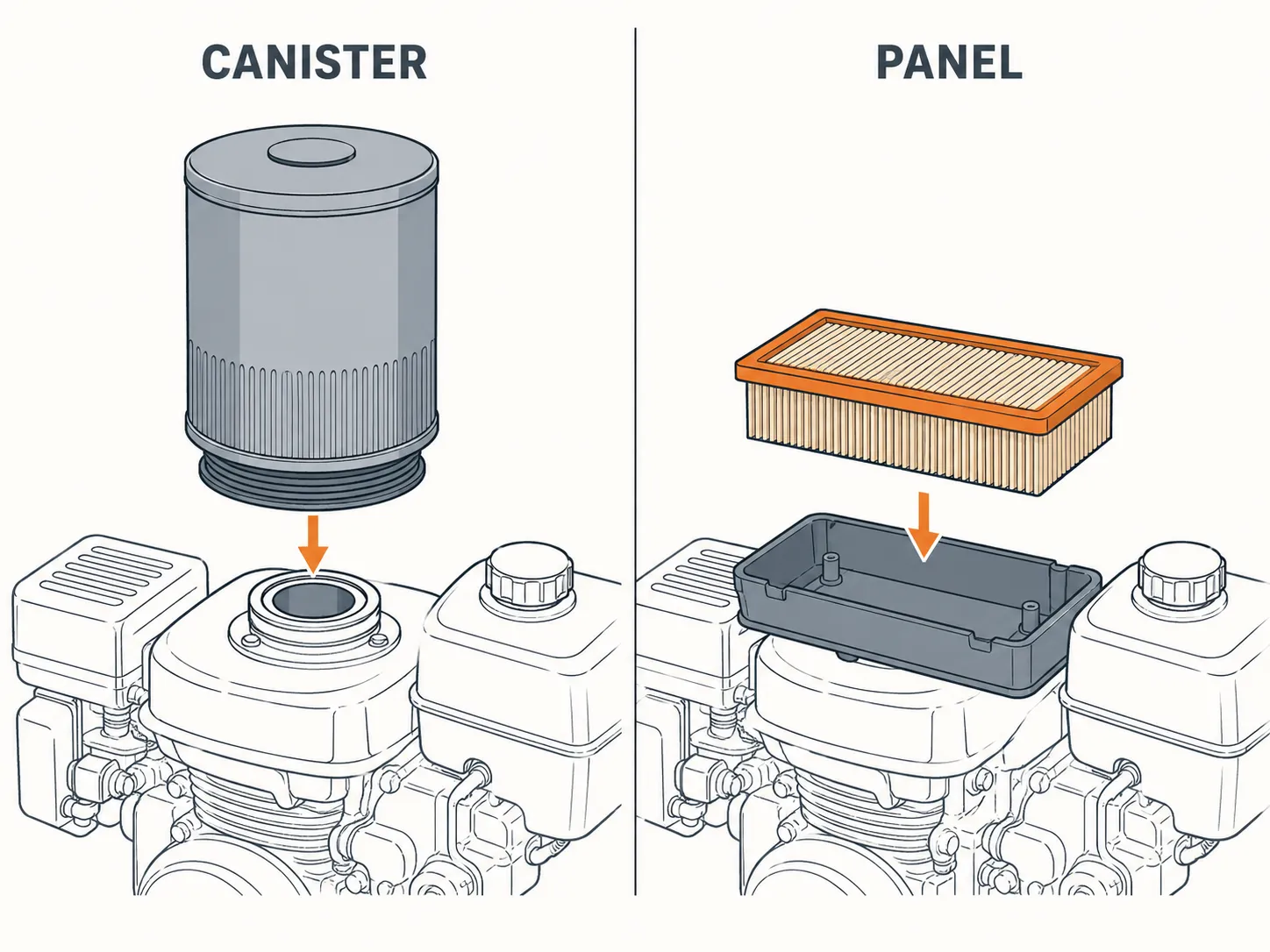 Side-by-side technical diagram comparing canister and panel air filter intake systems on the same small engine family, showing a cylindrical canister filter and a flat panel filter housing.