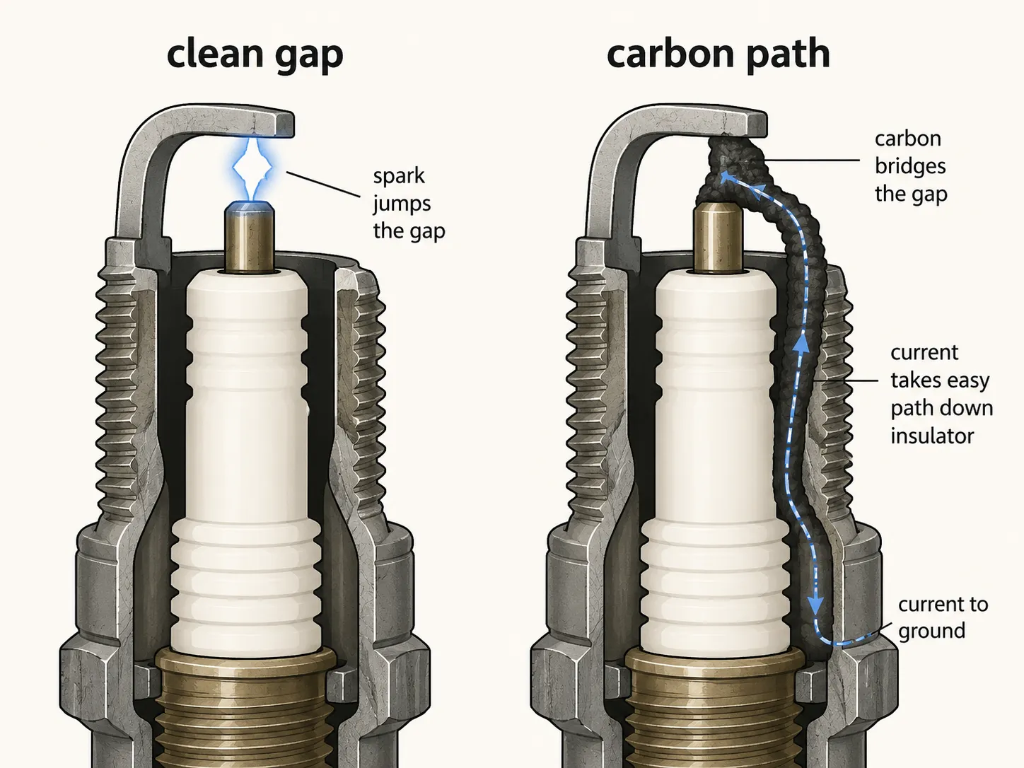 Technical diagram comparing a clean spark plug gap with a carbon-fouled plug, showing how carbon deposits let current leak along the insulator instead of creating a spark.
