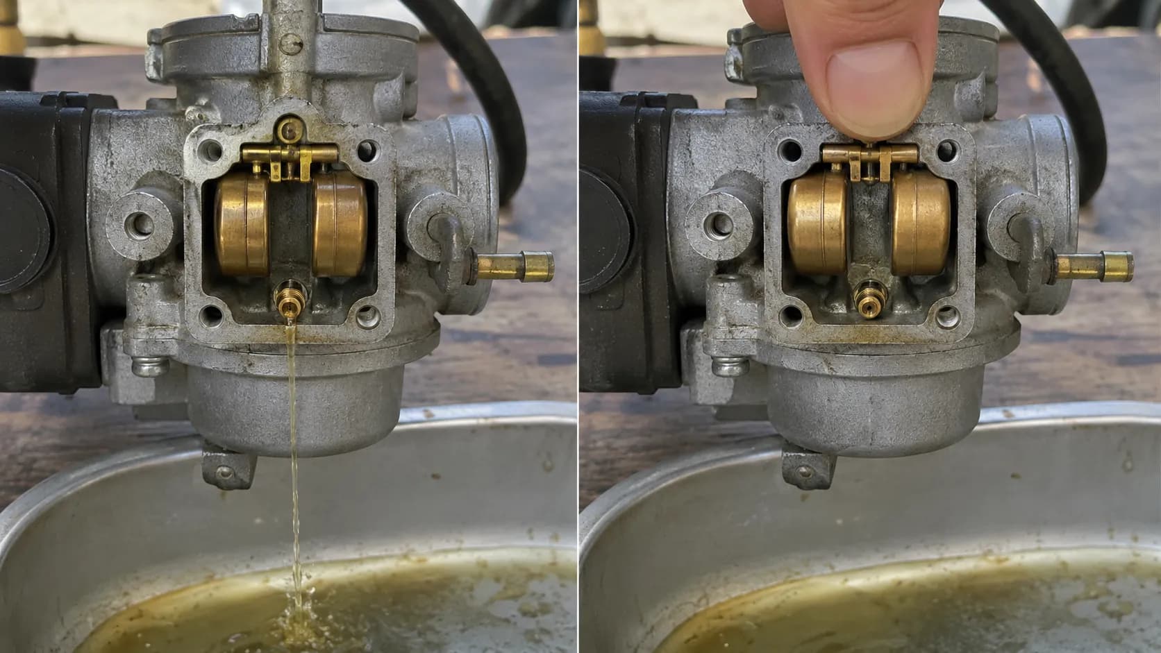 Before-and-after comparison of a small engine carburetor with the float bowl removed. Left: fuel flows with the float down. Right: lifting the float stops fuel flow, demonstrating proper needle.