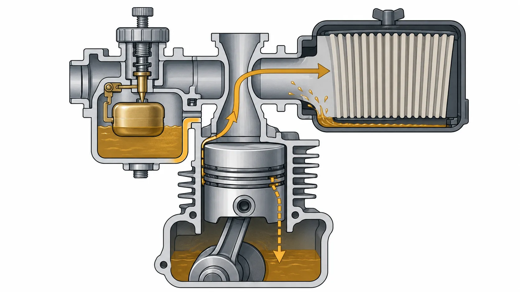 Technical cutaway diagram showing a small engine carburetor fuel overflow path, with fuel flowing from the float bowl through the venturi into the air filter housing.