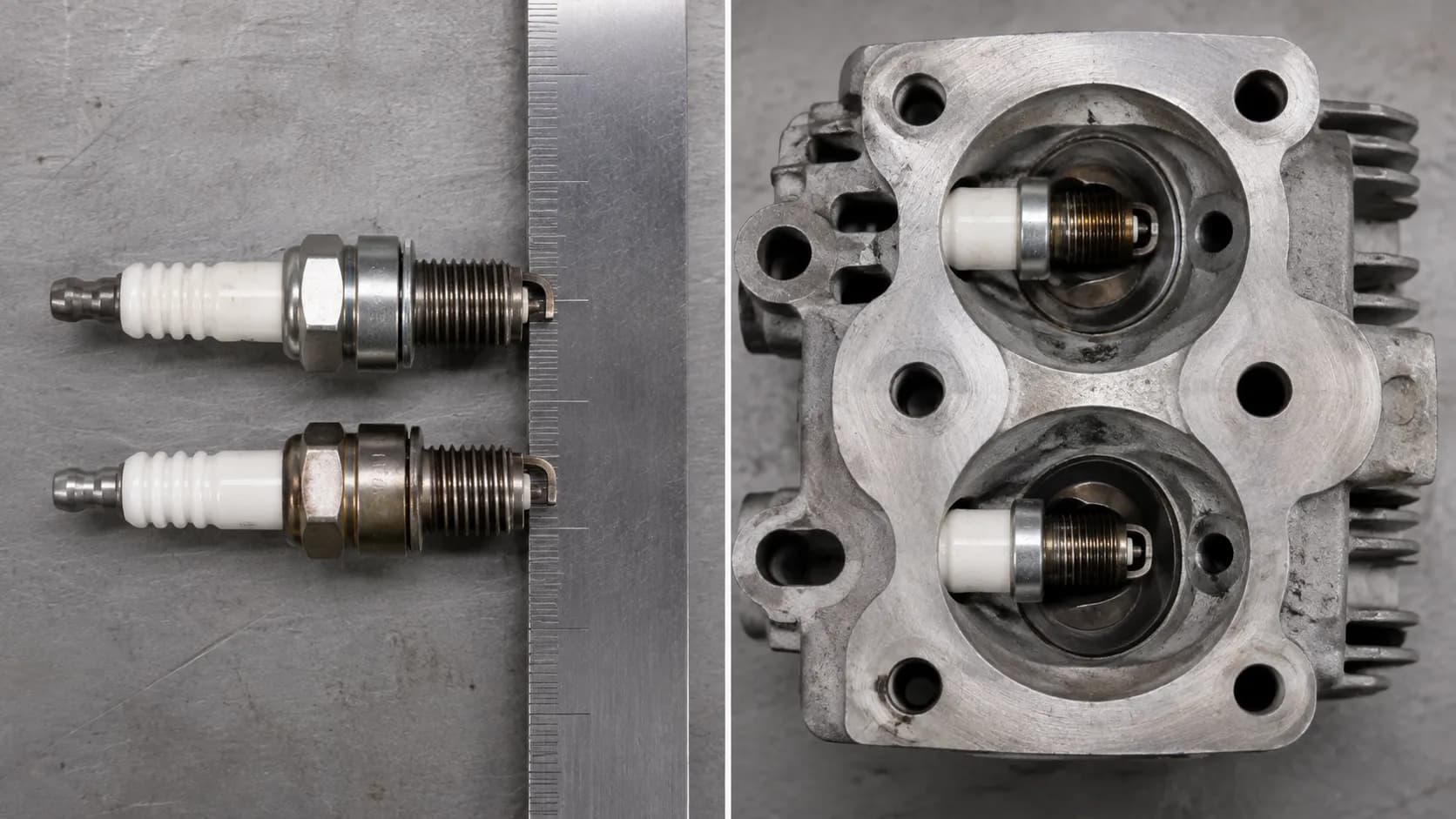 Side by side comparison of Champion RC12YC and RJ19LM spark plugs aligned at the seating face and threaded into the same lawn mower cylinder head to show thread reach difference.