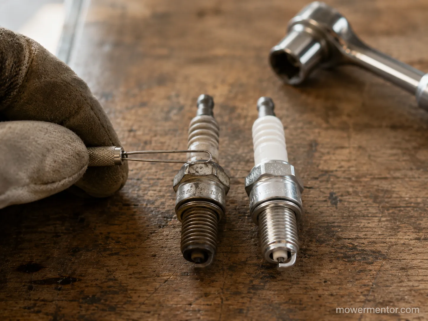Used Champion lawn mower spark plug beside a new plug, with a wire-loop gauge checking the worn electrode gap on a workshop bench.