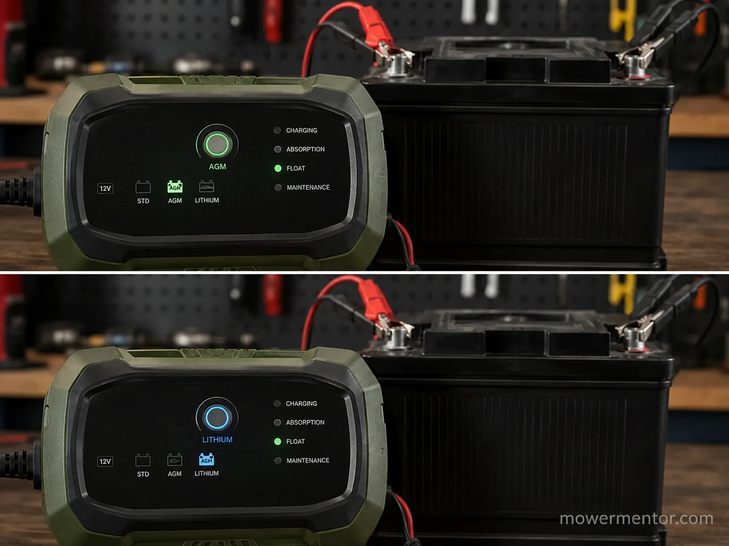 Smart charger mode selector set to AGM and lithium for a riding mower battery.