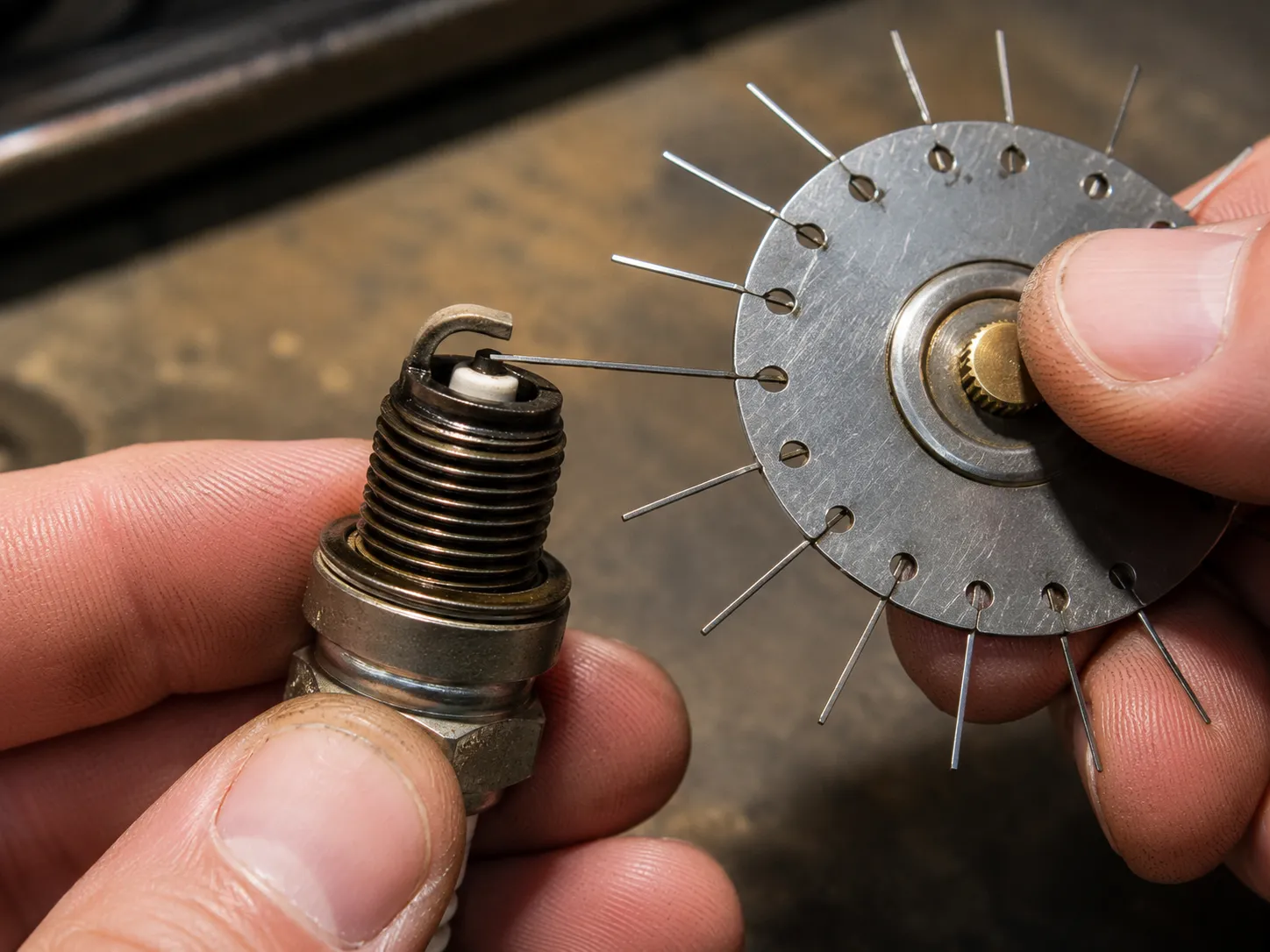 Hands using a wire-loop gap gauge to check the gap on a used lawn mower spark plug, demonstrating the correct fit where the gauge slides through with slight resistance for accurate adjustment.
