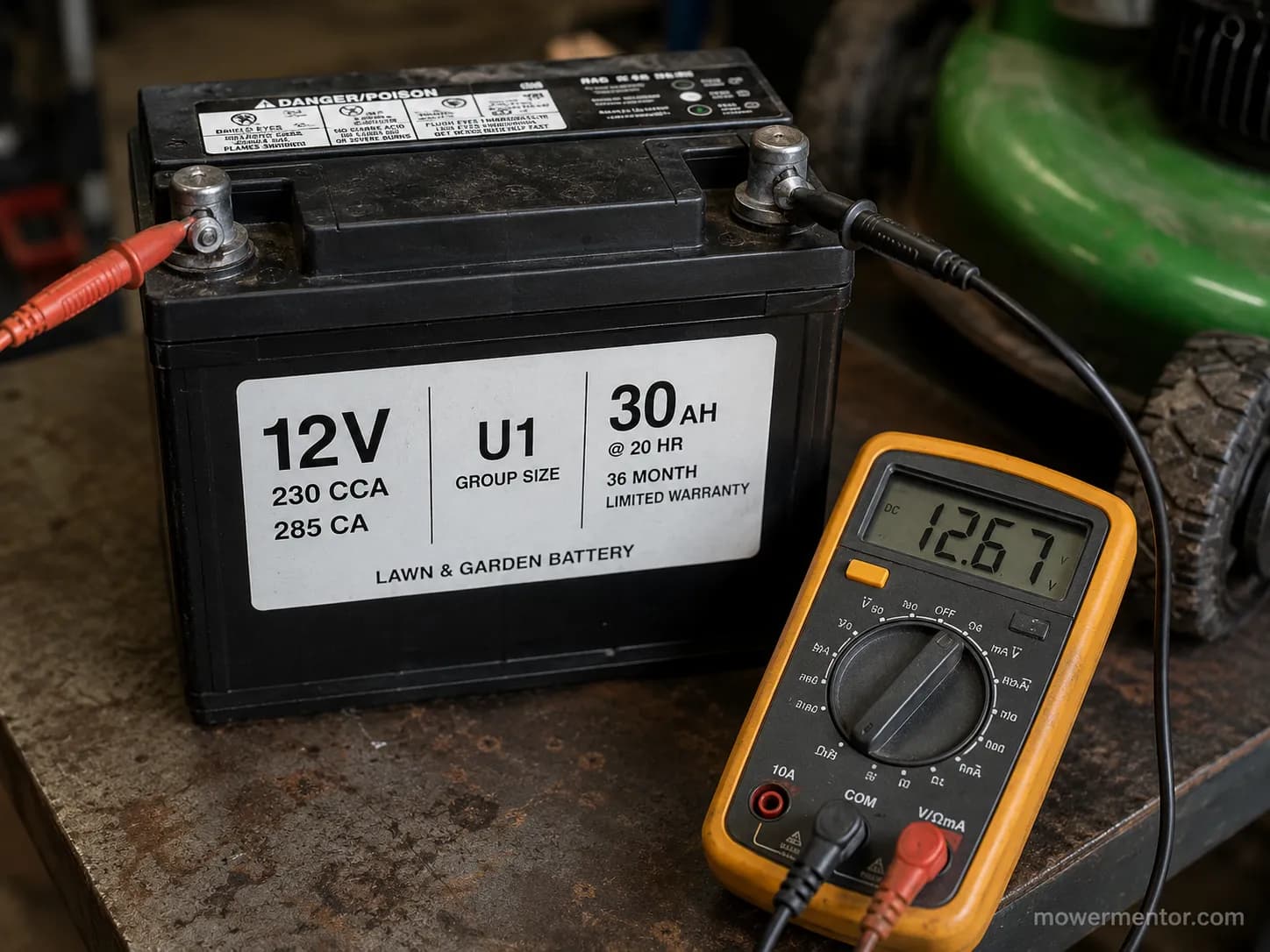 U1 riding mower battery label showing 12V and amp-hour rating next to a multimeter.