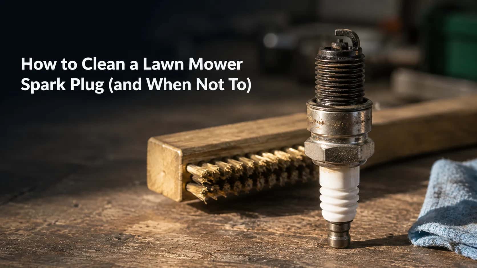 Carbon-fouled lawn mower spark plug standing beside a brass wire brush on a wooden workbench, illustrating how to clean a spark plug safely before deciding whether it should be replaced.