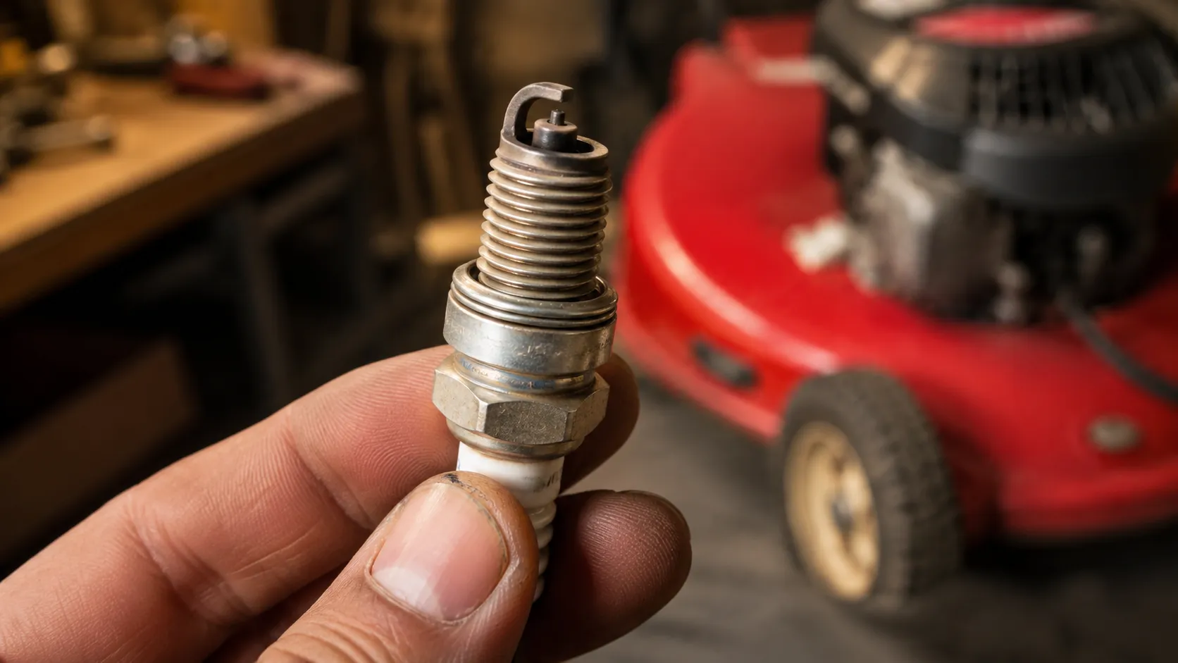 Hand holding a clean used spark plug removed from a Honda lawn mower engine, showing intact gray threads with a blurred red mower and workbench in the background.