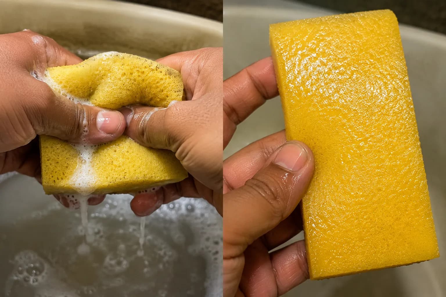 Hands washing a yellow Craftsman lawn mower foam air filter in soapy water, then holding the same foam filter after applying a light coat of oil for proper maintenance.