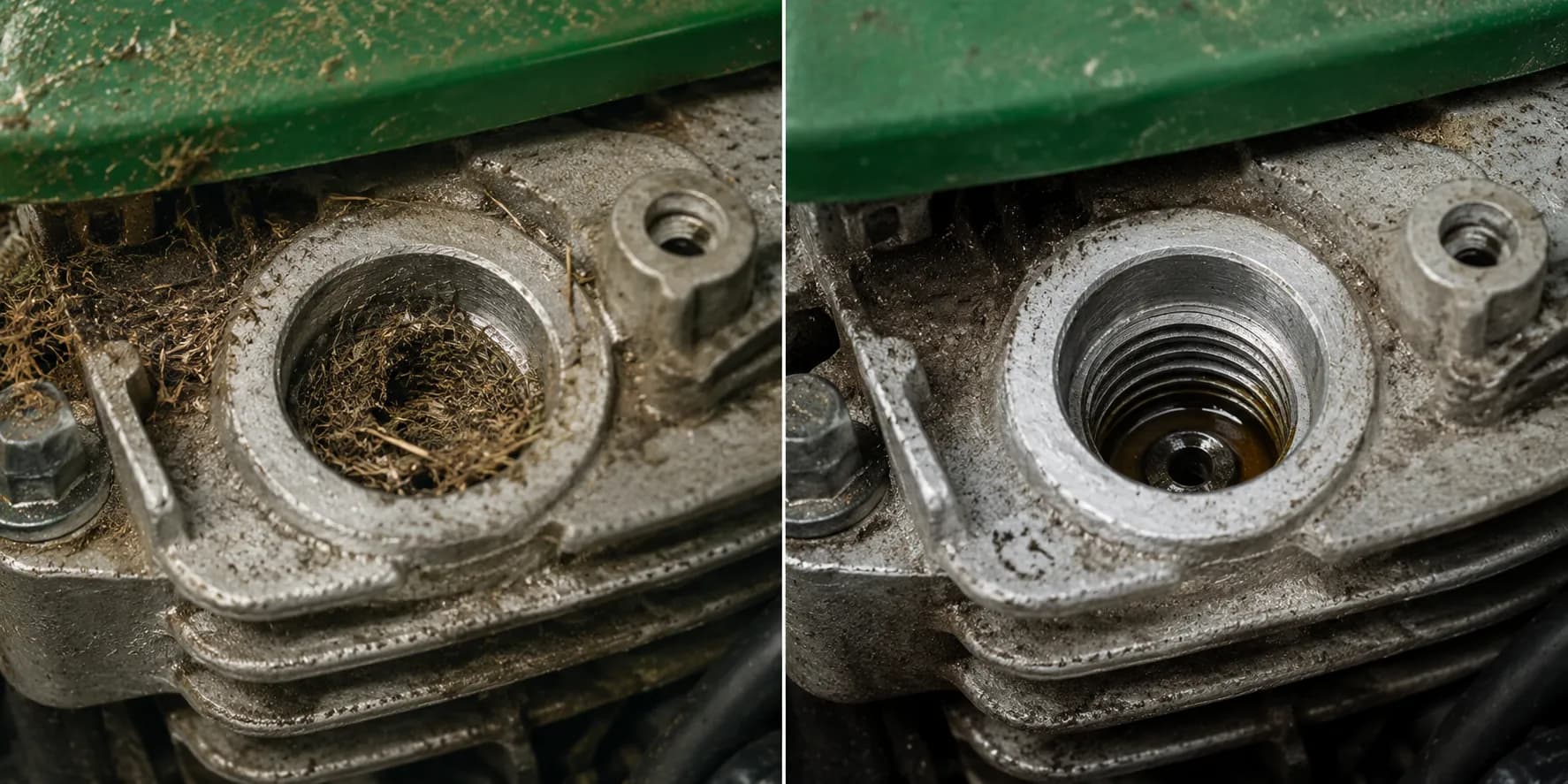 Side-by-side close-up of the same lawn mower spark plug well before and after cleaning, showing debris removed so penetrating oil can reach the spark plug threads.