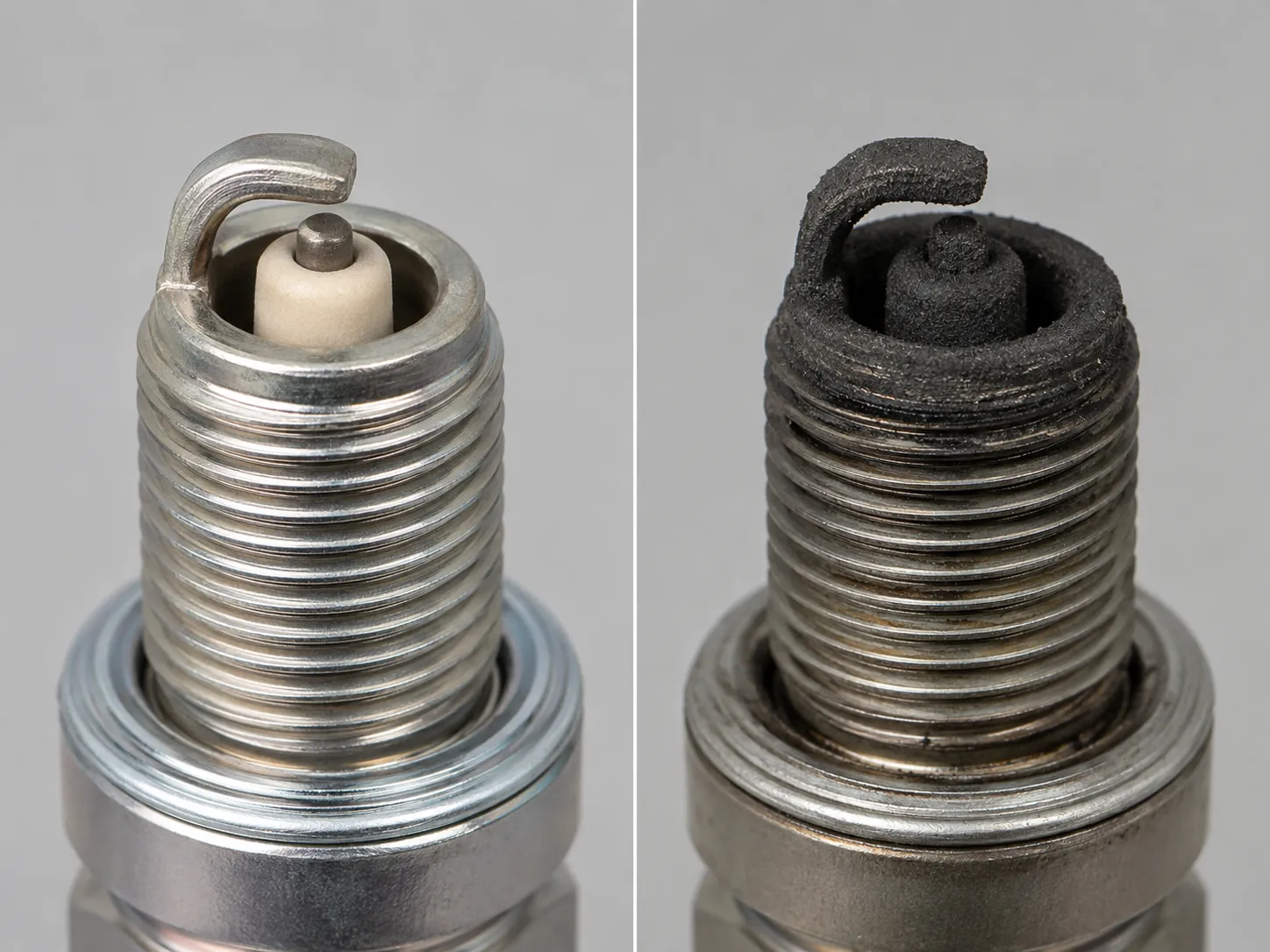 Side-by-side close-up of the same spark plug showing a clean firing end at 9 o'clock and a freshly fouled black sooty spark plug at 11 o'clock, illustrating carbon buildup caused by a clogged air filt
