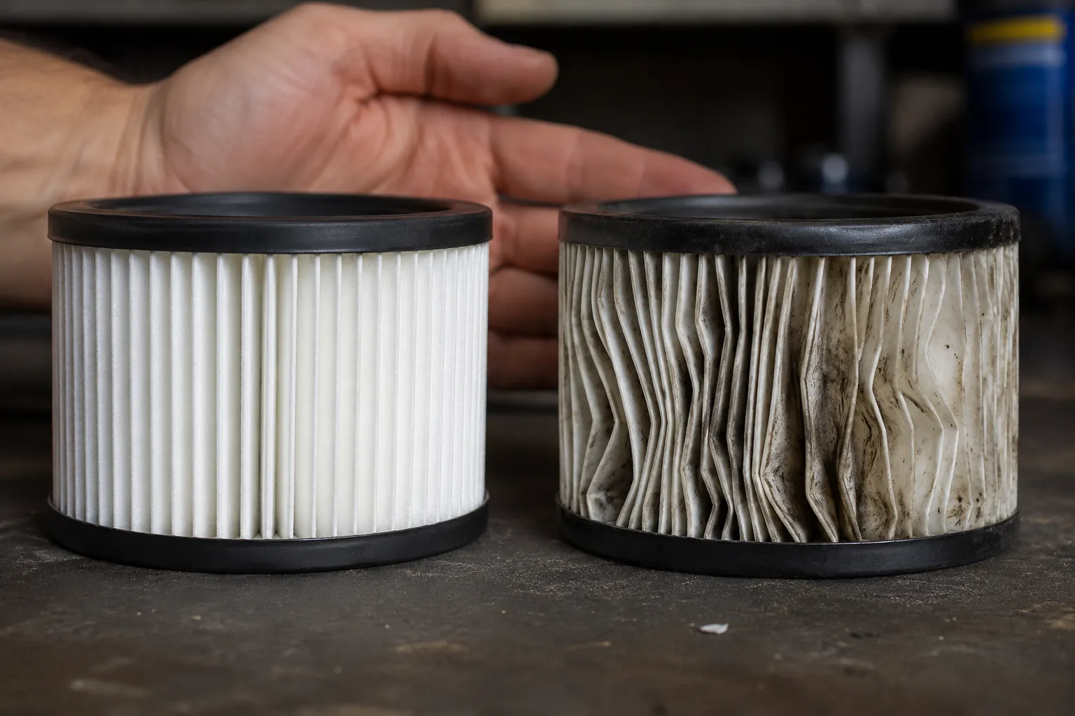 Clean paper lawn mower air filter beside a water-damaged filter with collapsed pleats, showing why paper mower filters should never be washed.