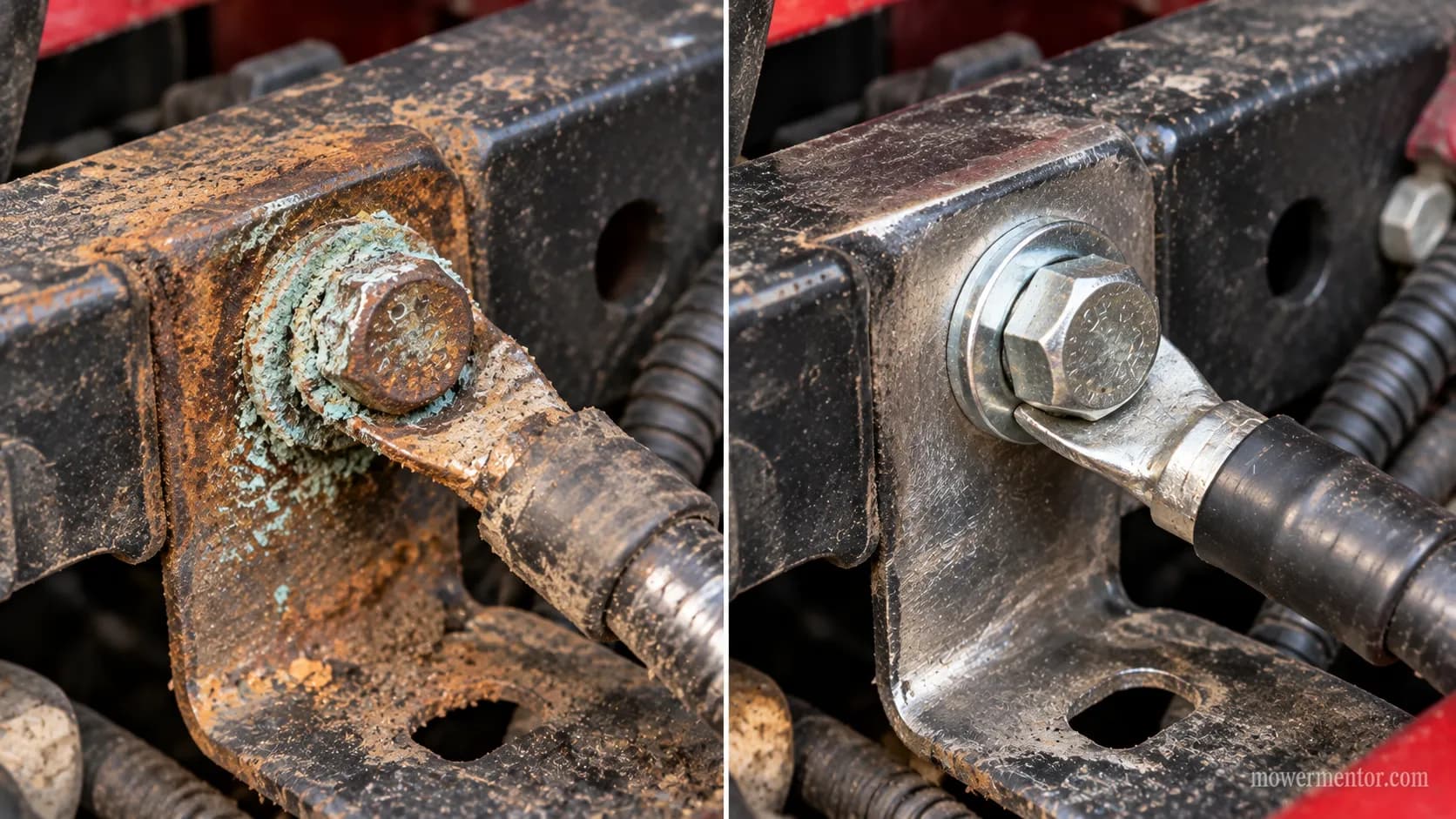 Before and after of a corroded then cleaned mower frame ground with improved readings.