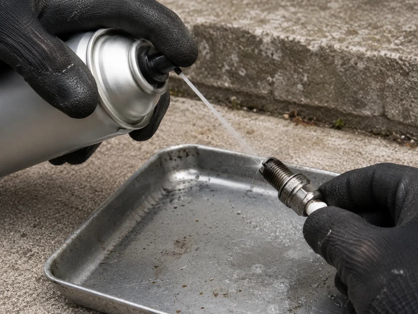 Gloved hand spraying solvent onto the firing end of a lawn mower spark plug over a metal drip tray outdoors, demonstrating the proper way to clean carbon deposits before reinstalling the plug.