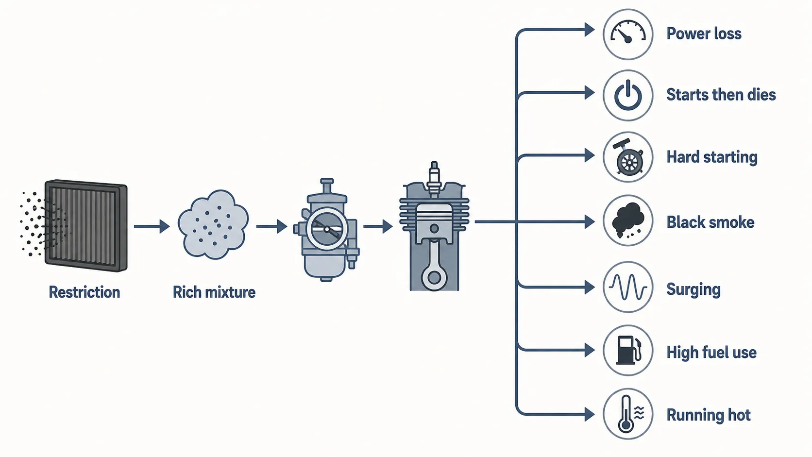 Technical diagram showing how a clogged lawn mower air filter causes a rich fuel mixture, leading to power loss, hard starting, black smoke, surging, high fuel use, running hot, and stalling.