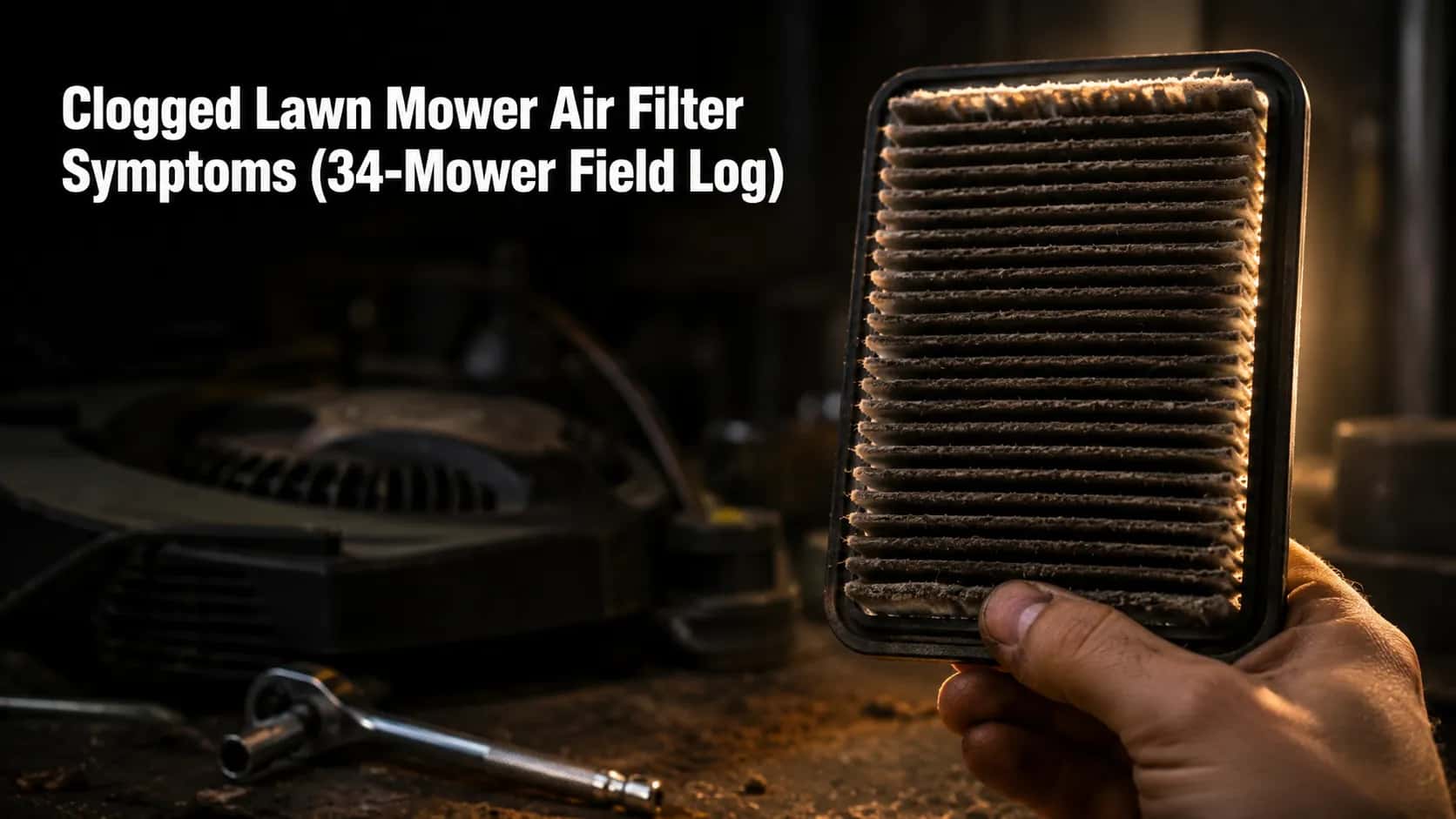 Clogged lawn mower air filter held against a work light, showing dust-filled pleats blocking airflow, illustrating common dirty air filter symptoms in a garage workshop.