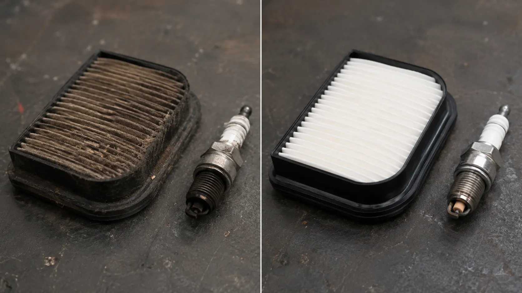Before-and-after comparison of a clogged lawn mower air filter with a black sooty spark plug beside a new replacement filter and a light tan spark plug after two hours of engine operation.