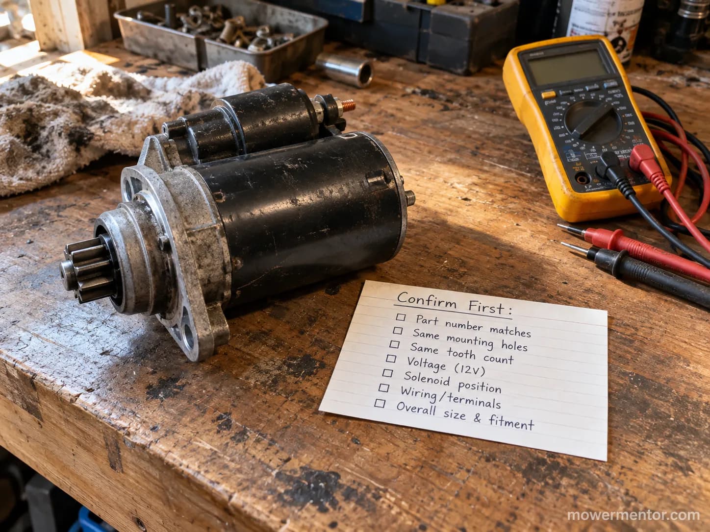 Lawn mower starter motor on a workbench beside a confirm-first checklist card