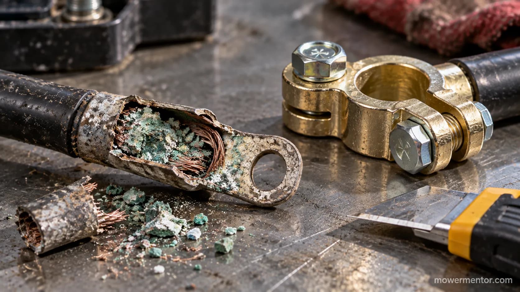 Corroded lawn mower battery cable end that mimics a dead starter