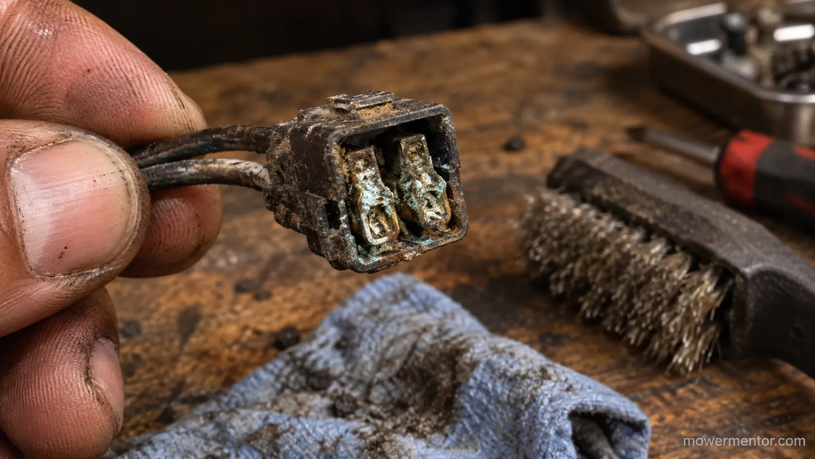 Corroded lawn mower brake switch connector with green oxidation on the terminals