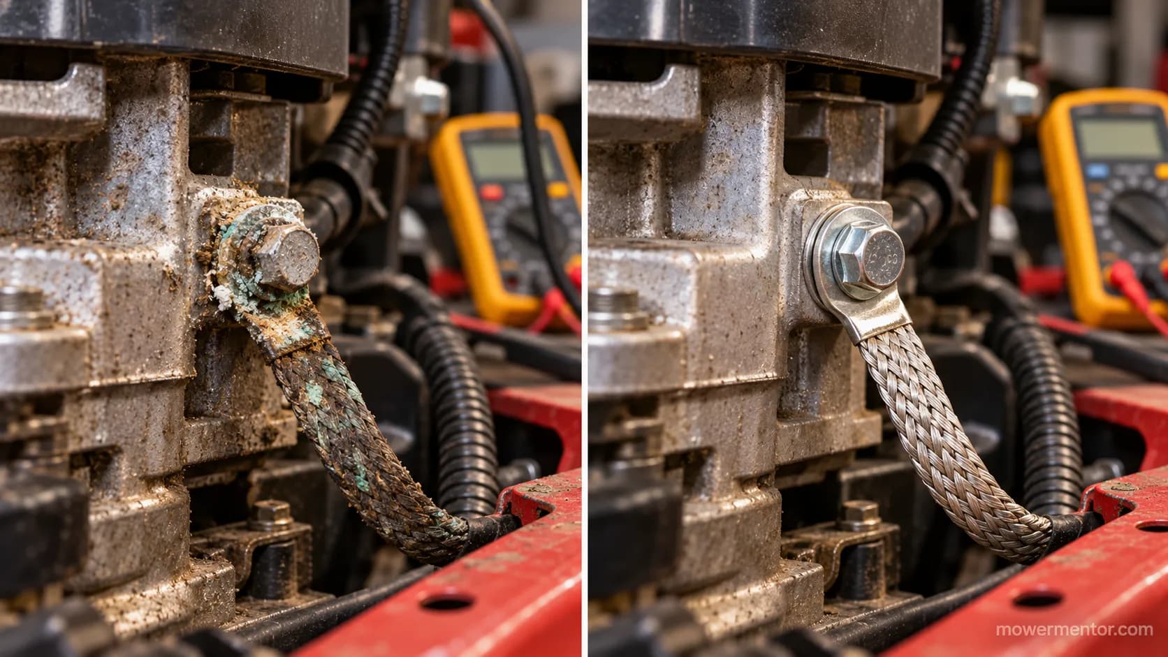 Corroded riding mower engine ground strap before cleaning and the same strap cleaned and re-bolted after.