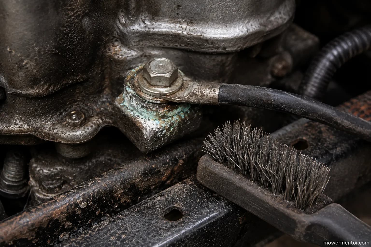 Corroded ground strap causing a Craftsman mower no-crank.