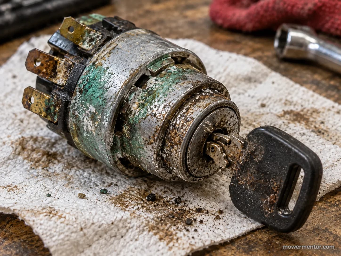 corroded water damaged lawn mower ignition switch cylinder that locked up