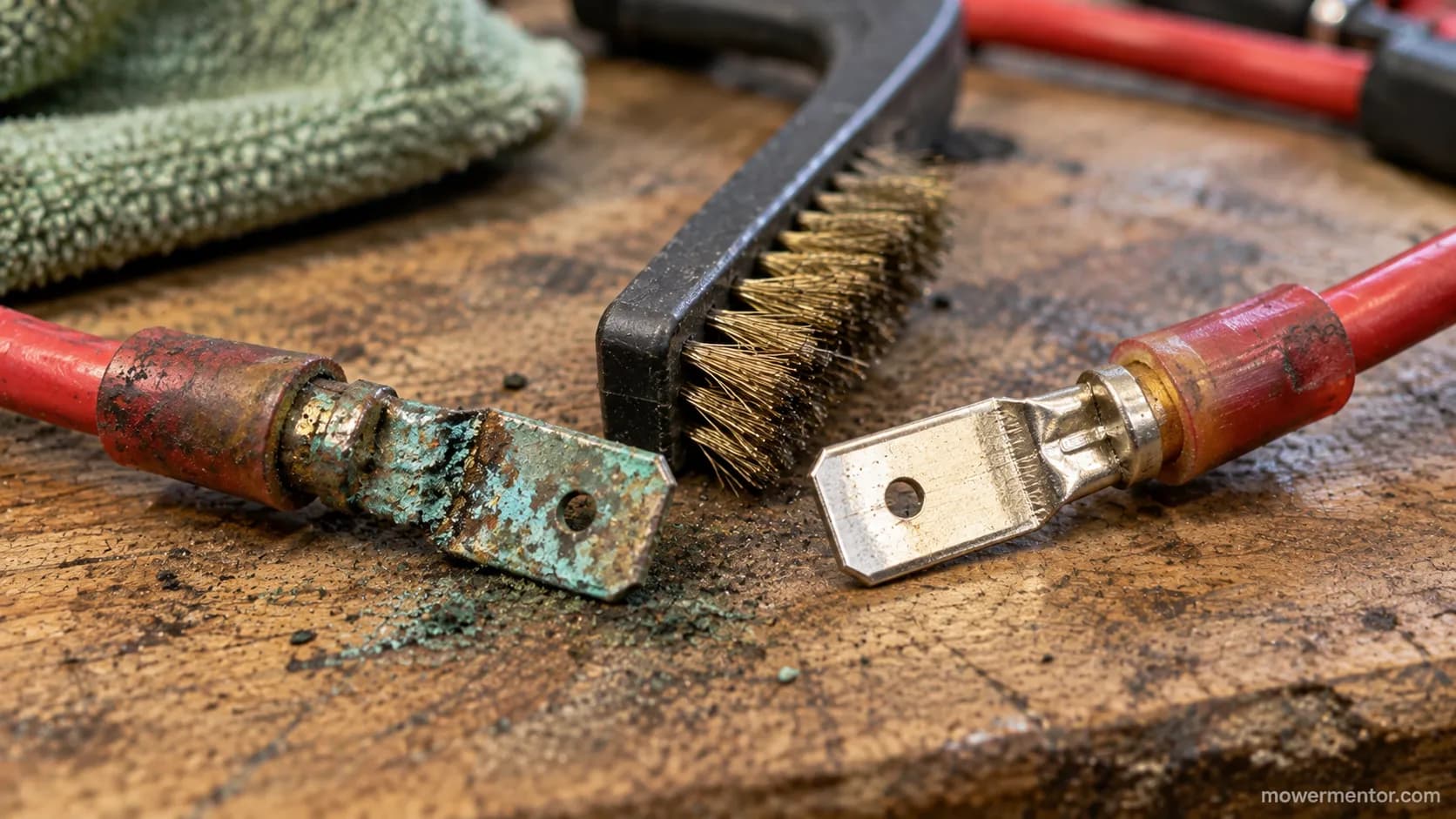 corroded riding mower safety switch connector before and after cleaning