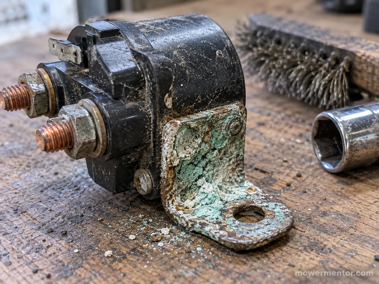 Corroded mounting bracket on a removed Cub Cadet starter solenoid causing a bad ground.