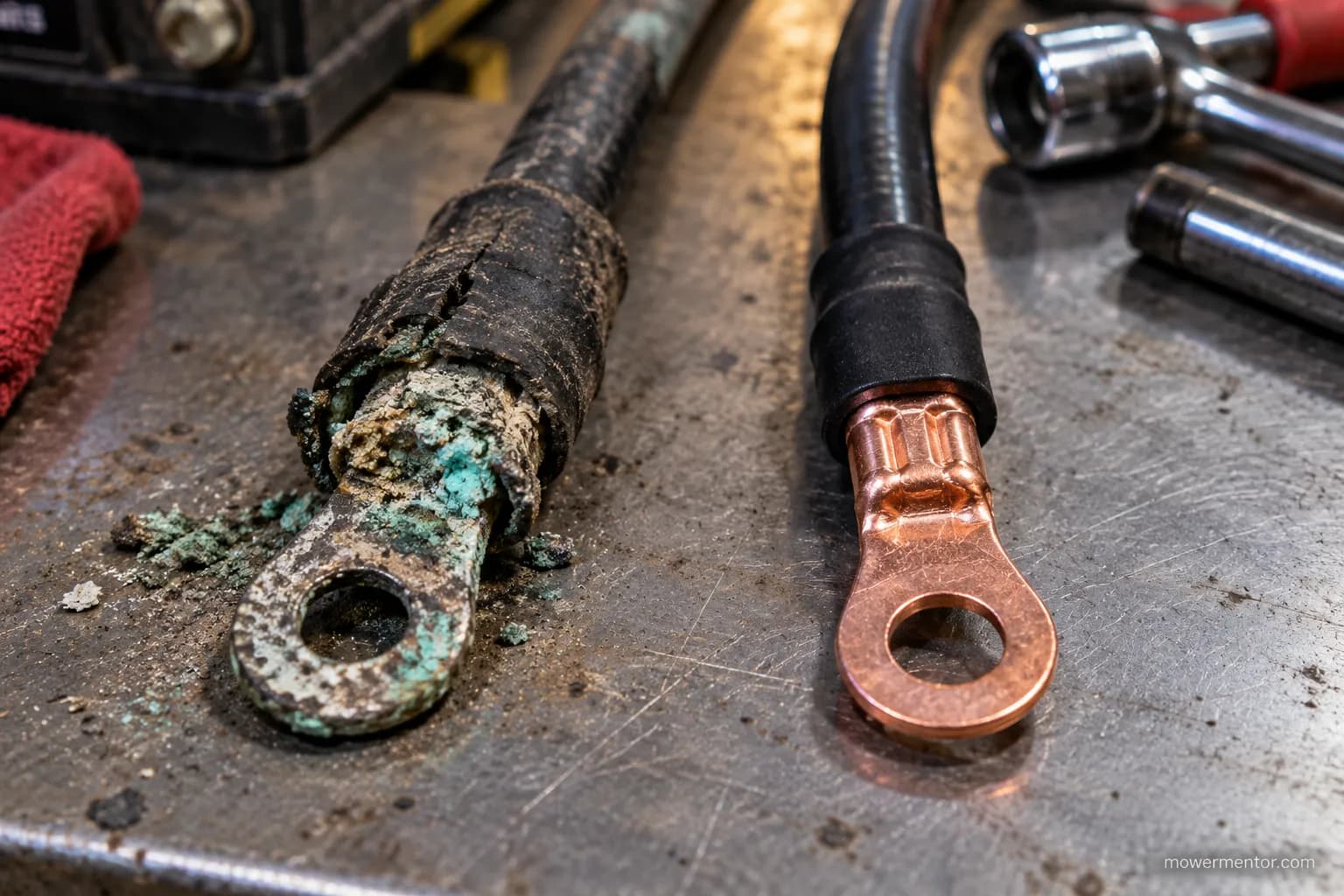 Corroded riding mower battery cable end beside the same cable cut back to clean copper.