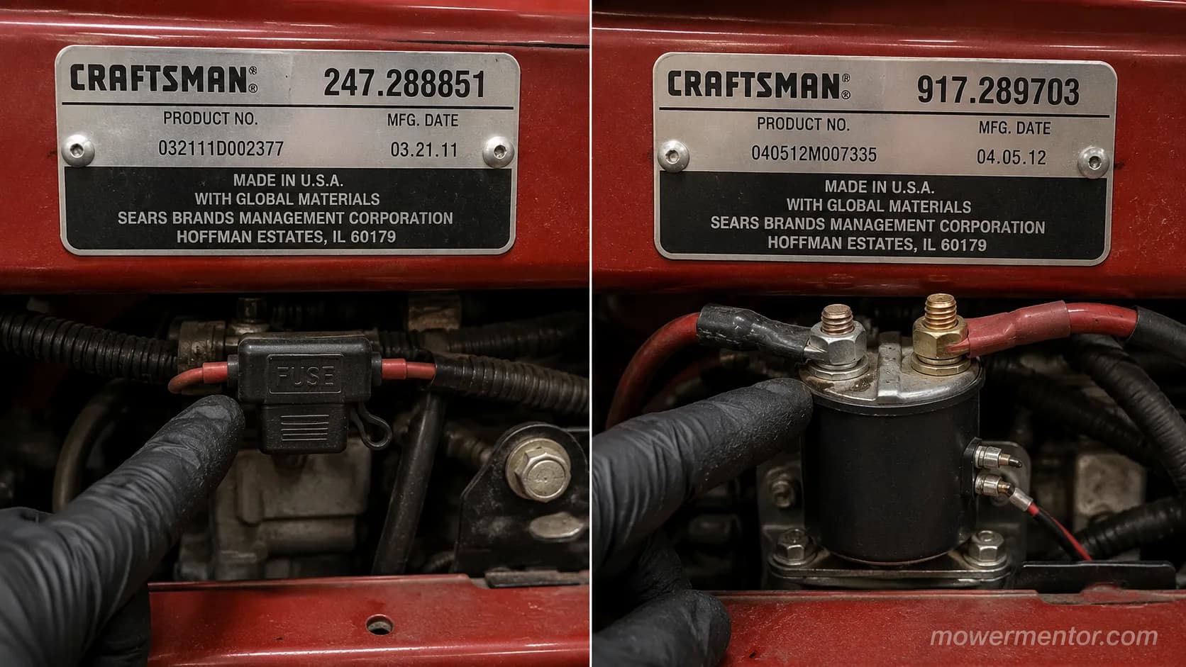Craftsman 247 and 917 model plates with fuse and solenoid locations.