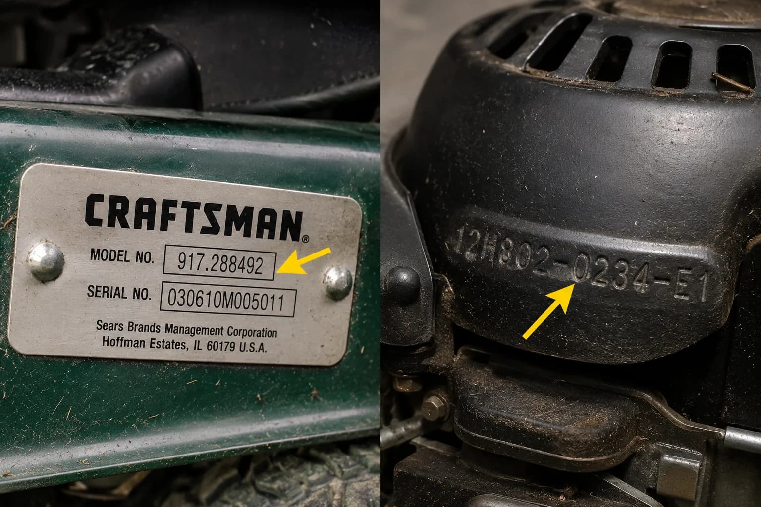 Close-up of a Craftsman 917 mower model tag and Briggs & Stratton engine code stamp with arrows highlighting the model number and engine code for identification.