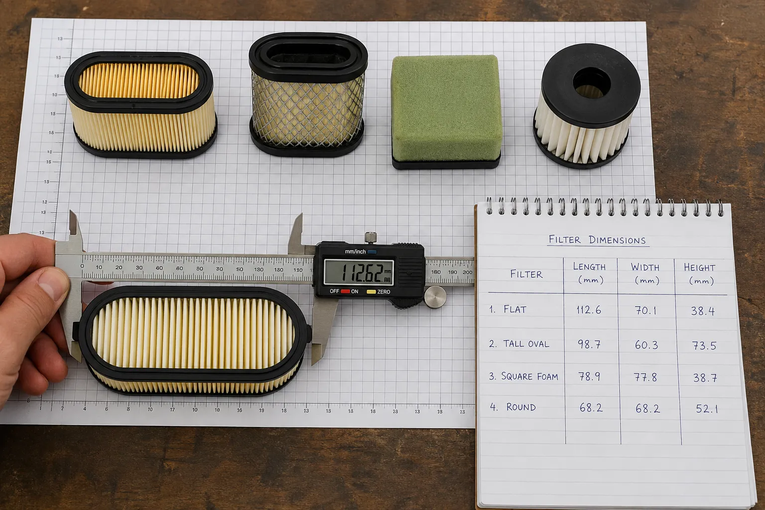 Digital caliper measuring the width of a Craftsman lawn mower air filter with four different air filters arranged on grid paper beside a handwritten dimensions table.