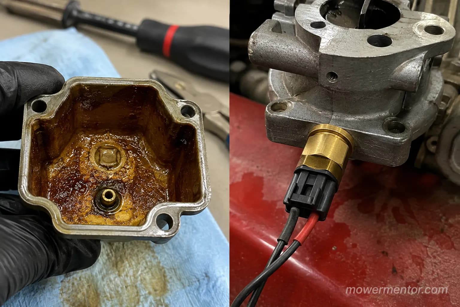 Varnished carburetor bowl and fuel shut-off solenoid from a Craftsman mower.