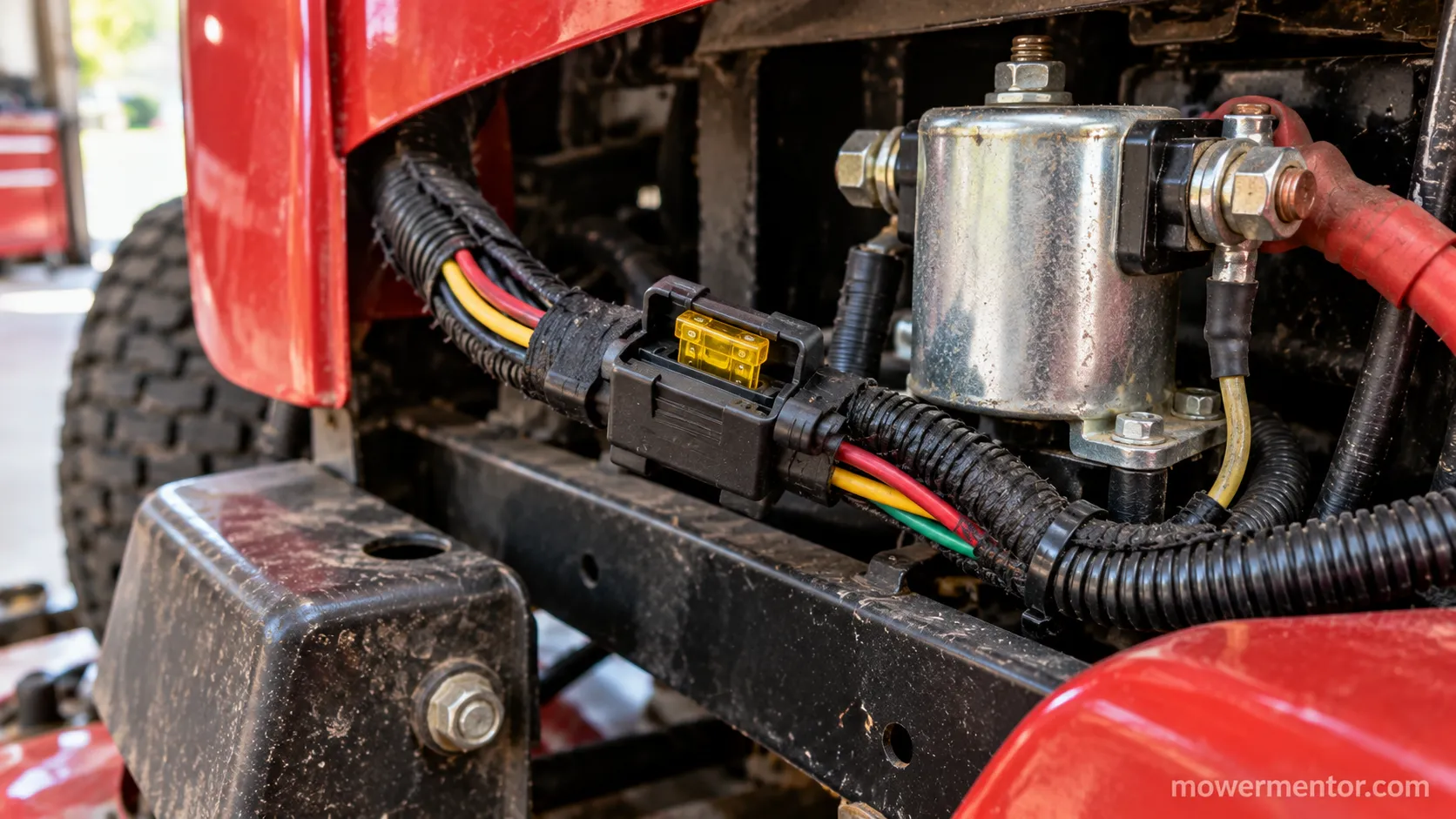 Inline fuse located in the harness sleeve near the solenoid on a Craftsman riding mower.