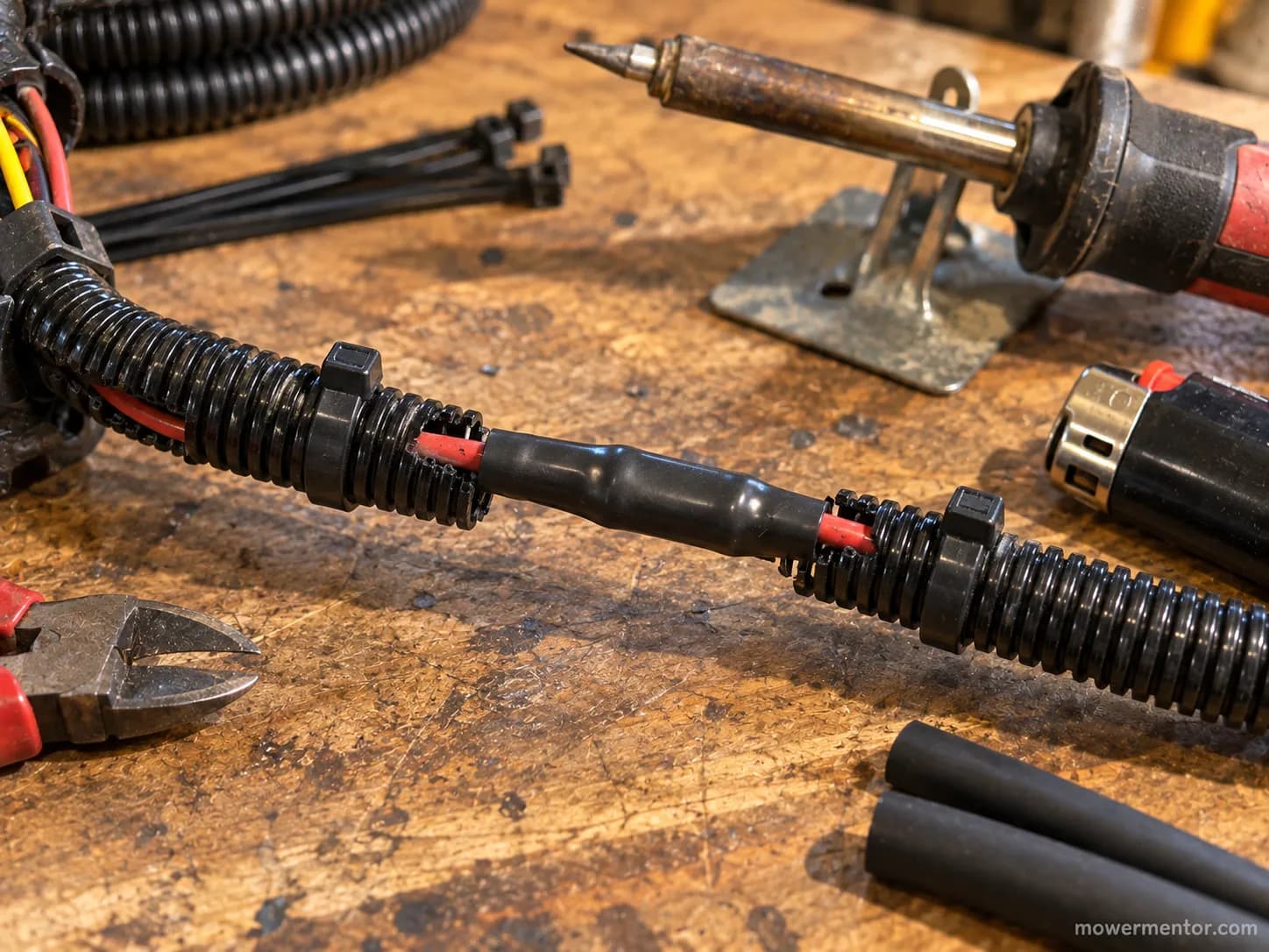 Repaired Craftsman wiring harness with adhesive heat-shrink and protective loom over a splice.