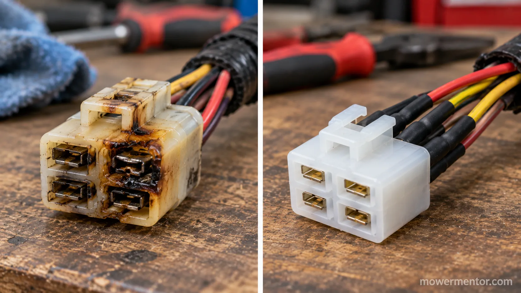 Melted Craftsman wiring harness connector before and after repair with a new pigtail.