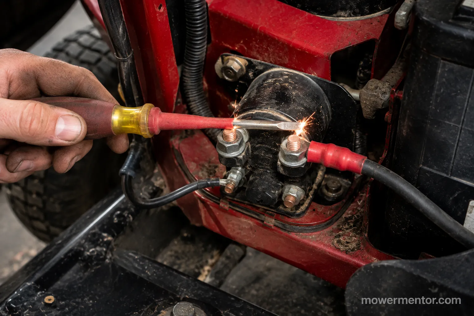 Screwdriver bridging the starter solenoid posts on a Craftsman mower.