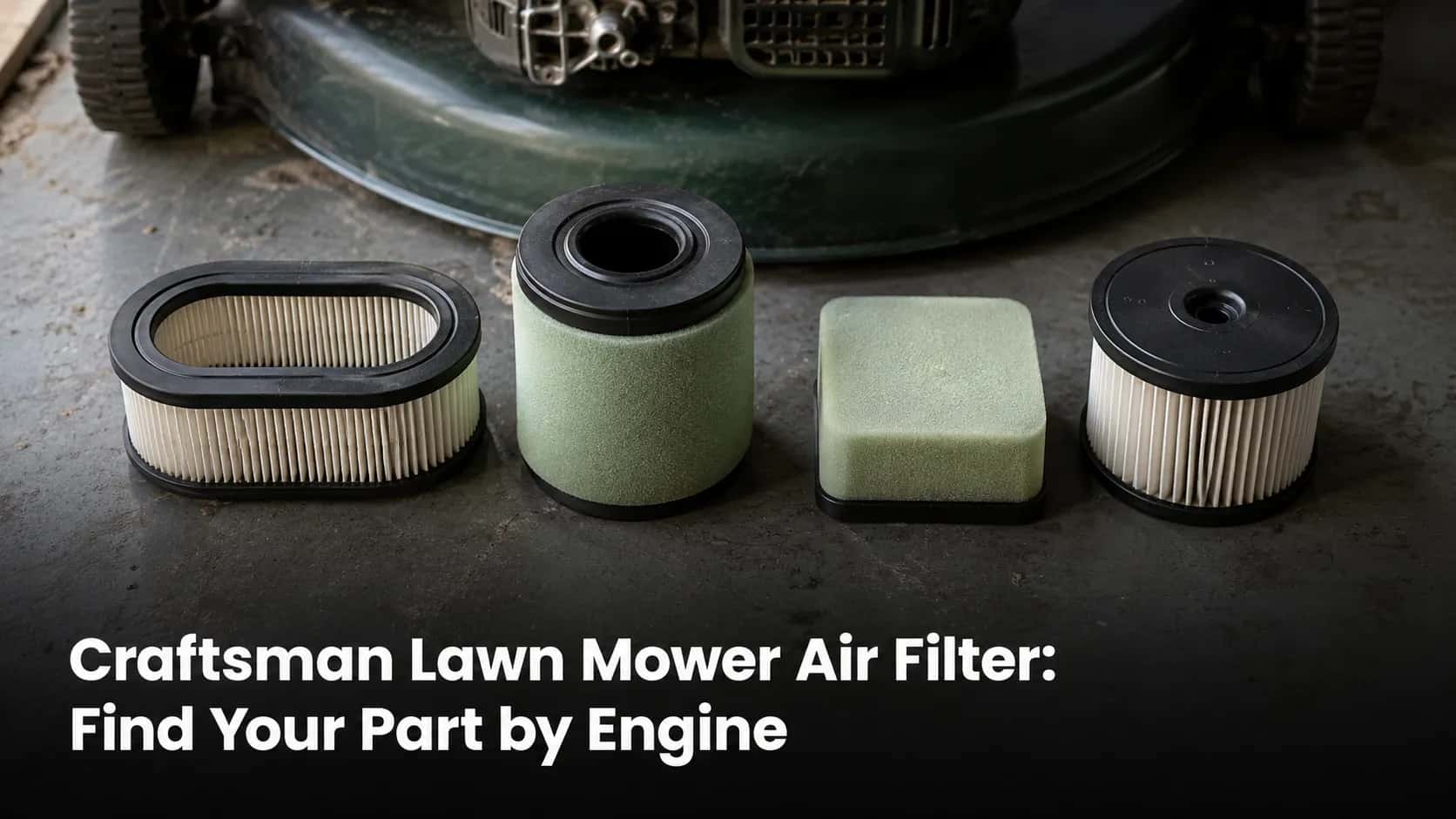 Four different Craftsman lawn mower air filters arranged by engine type on a workshop bench, showing common air filter styles used to identify the correct replacement part.