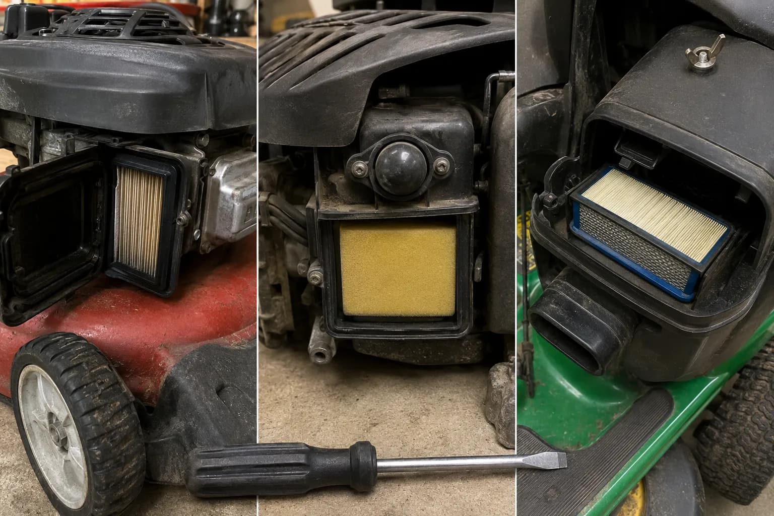 Comparison showing air filter locations on a Craftsman push mower, M-series primer housing, and riding lawn tractor with a screwdriver for filter access.