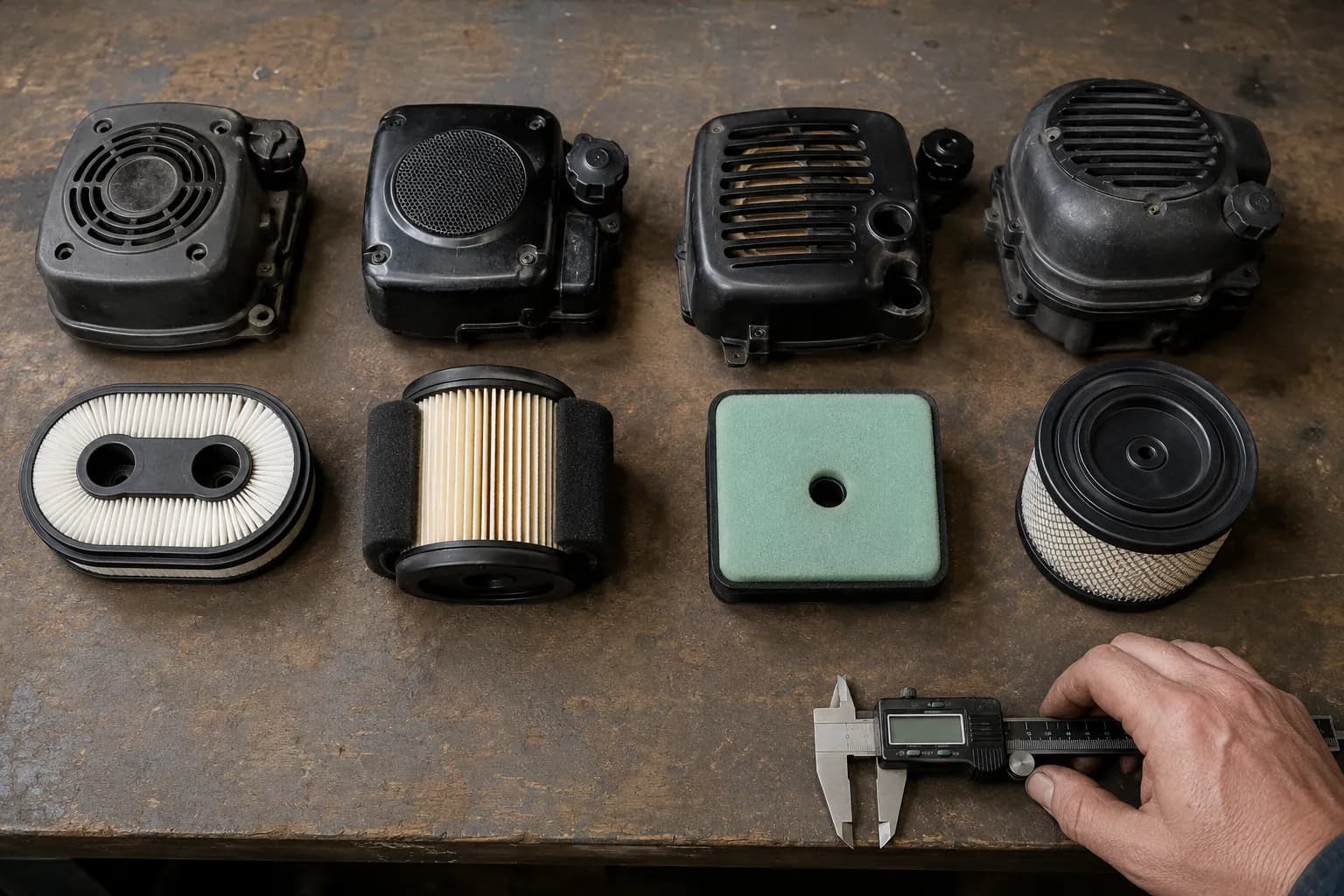 Four different Craftsman lawn mower air filters placed side by side on a workbench, each paired with its matching small engine component to show the differences in filter designs.