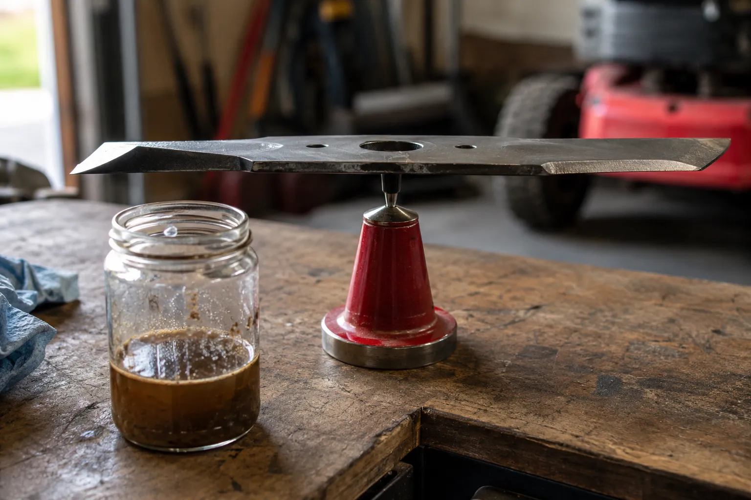Freshly sharpened Craftsman lawn mower blade balanced level on a cone balancer beside a glass jar of drained brown stale gasoline on a workbench.
