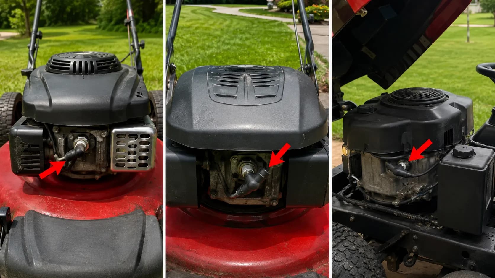 Side-by-side comparison showing spark plug locations on a Craftsman push mower, M-Series walk-behind mower, and riding mower engine, with red arrows highlighting each spark plug.