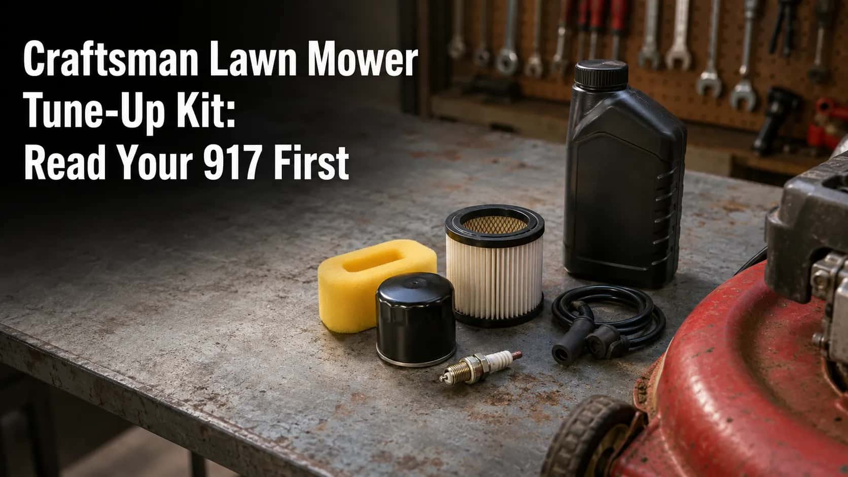 Wide hero image of a lawn mower tune-up kit with a spark plug, paper air filter, foam pre-filter, oil filter, and engine oil arranged on a weathered workbench beside a walk-behind mower deck in a home