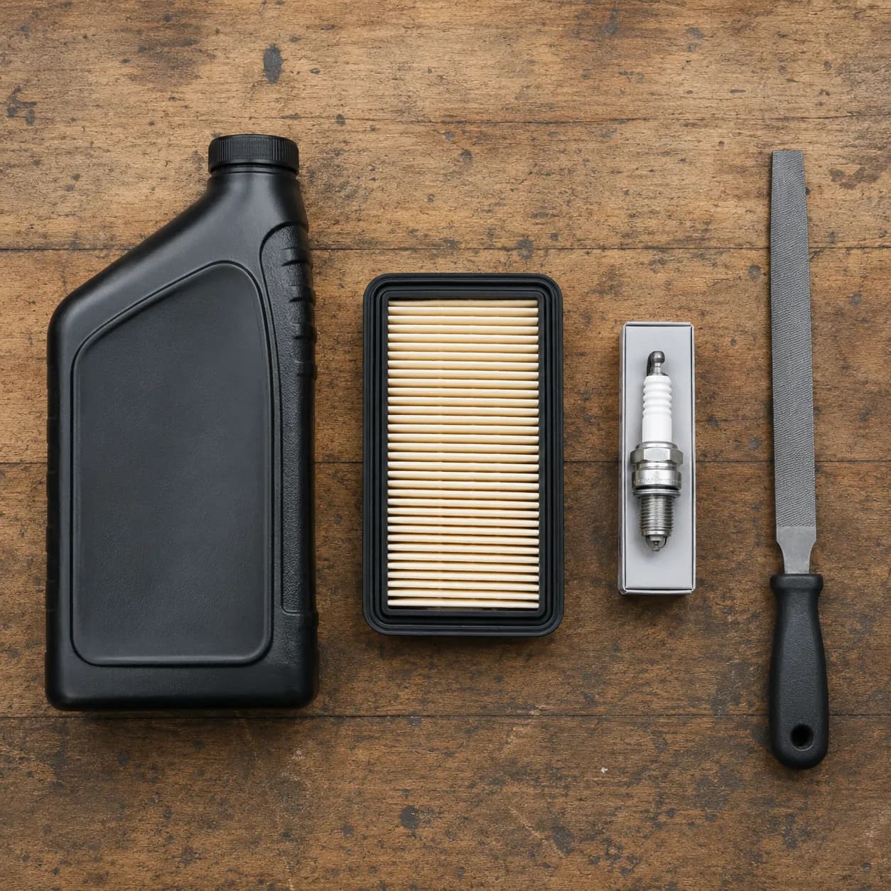 Overhead flat-lay of Craftsman lawn mower tune-up parts including SAE 30 engine oil, air filter, spark plug, and a blade file arranged on a wooden workbench.